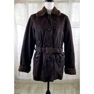 Women's Dark Brown Faux-Shearling Belted Trench Coat